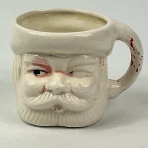 Vintage Japan Santa Ceramic Mug 3in Side Eye Red Handle Embossed Christmas Cup